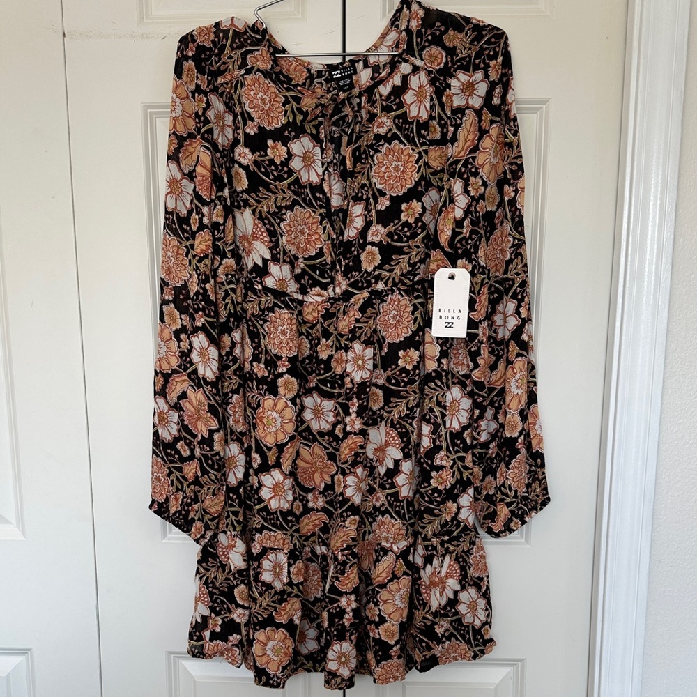 Billabong Sunset Views dress tunic Floral Long Sleeve Black & Copper  NWT